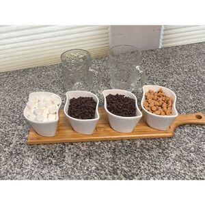 Certified International Bamboo Serving Tray with Four White Sectioned Serving Di